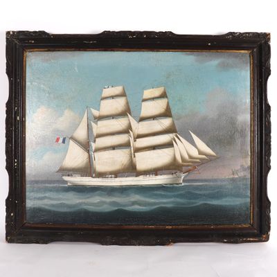 painting of a sailing ship in the ocean with a flag on it