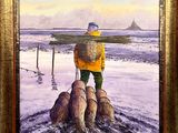 a painting of a man standing on a rock in the water