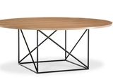 une table ronde en bois avec un piètement en métal et un plateau en bois