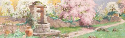 a painting of a well in the middle of a field