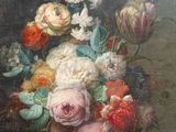 peinture d'un vase de fleurs sur une table sur fond noir