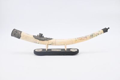 an elephant horn on a stand on a white surface
