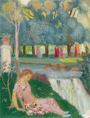 une image représentant un tableau où l'on voit une femme en robe rose assise dans l'herbe