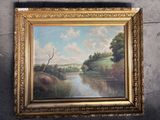 une peinture à l'huile représentant une scène fluviale avec un arbre au premier plan