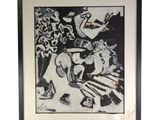 peinture en noir et blanc représentant un chat et un chien posés sur une table