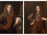 two paintings of a man with long hair in a brown dress