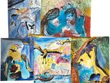 quatre tableaux représentant des oiseaux de différentes couleurs et tailles sur fond blanc