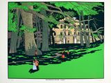 a painting of a group of people walking in a park