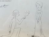 drawing of a man giving a bird to a woman on a postcard