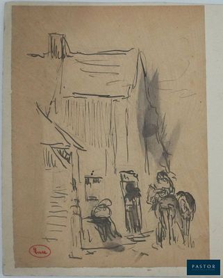 un dessin représentant un groupe de personnes debout devant un bâtiment