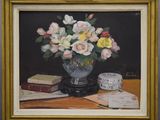 une peinture de fleurs dans un vase sur une table