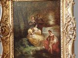 an antique painting of a woman and two children in a wooded setting