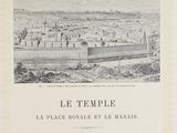 an old black and white drawing of a city with a castle in the background