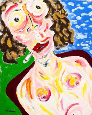 painting of a woman with a cigarette in her mouth and a green background