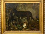 une peinture à l'huile représentant un âne et des poules dans une grange