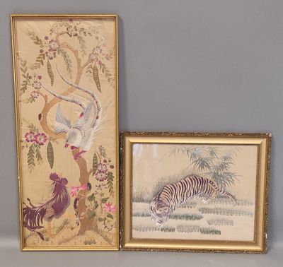Deux broderies sur soie, l'une représentant un tigre, l'autr… - Photo 1