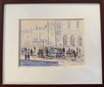 a picture of a painting of a street scene with people