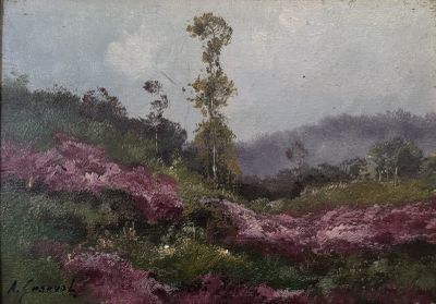 an oil painting of a field of flowers with a lone tree in the distance