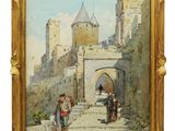 une image représentant un tableau où l'on voit un homme et une femme devant un château
