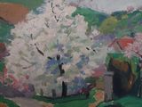 a painting of a country road with trees in the background