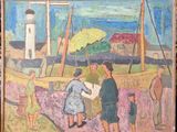 une peinture d'un homme et d'une femme sur la plage