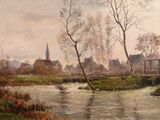 tableau représentant une rivière avec un village en arrière-plan