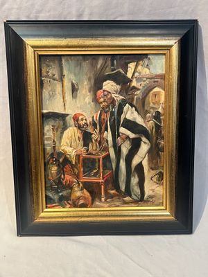 an oil painting of a group of men standing around a table