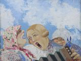 un tableau représentant une femme et deux enfants jouant de l'accordéon