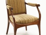 an image of a wooden chair with a striped upholstered seat