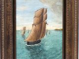 an oil painting of a sailboat in the ocean with other boats in the background