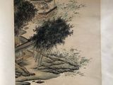 painting of a river scene with boats and trees in the water