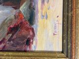 an oil painting of a woman in a red dress and hat