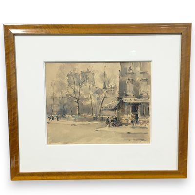 an image of a painting of a street scene with a horse drawn carriage