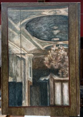 une image d'un tableau sur un chevalet dans une pièce