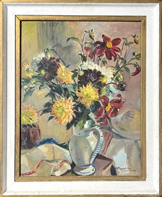 Ecole moderne. Bouquet. Huile sur panneau d'isorel.