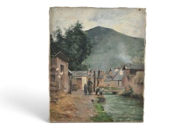 une image représentant un tableau d'un village traversé par une rivière