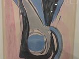 painting of a vase with a blue and black design on a pink background