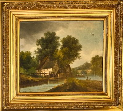 un tableau représentant une scène fluviale avec une maison et un moulin
