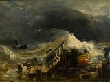 une image représentant un tableau d'un bateau sur une mer agitée