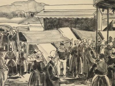 a drawing of a group of people standing outside of a building