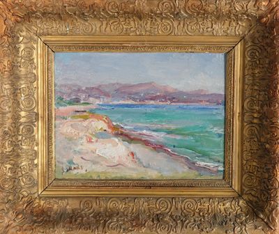 une peinture à l'huile représentant une scène de plage, dans un cadre doré