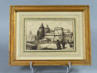 an old picture of a picture of a castle in a wooden frame