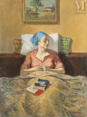 painting of a woman laying in bed with a book on her lap