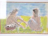painting of two women sitting in a field with a basket of food