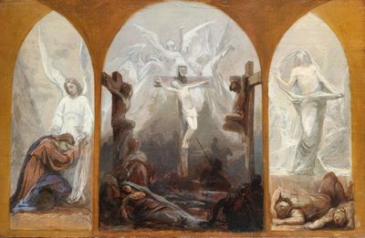 an image of a painting of jesus on the cross and other religious figures