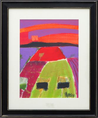 an abstract painting of a red and green field with buildings in the background