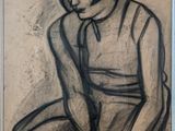 drawing of a woman sitting on a chair with her hands on her knees