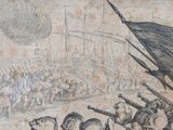 a drawing of a group of people standing in front of a flag
