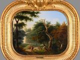 une image représentant un tableau représentant un paysage boisé avec un homme et un chien
