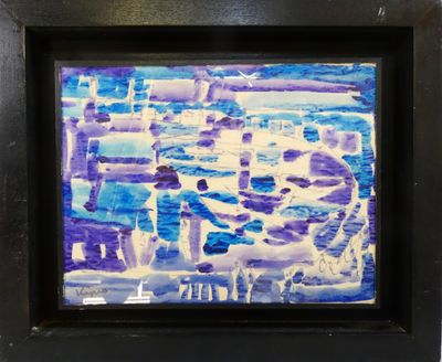 painting of a cityscape in a black frame on a white wall